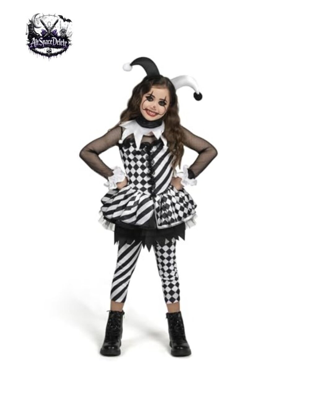 Girls Evil Clown Jester Costume 5-Piece Set Halloween Dress Up